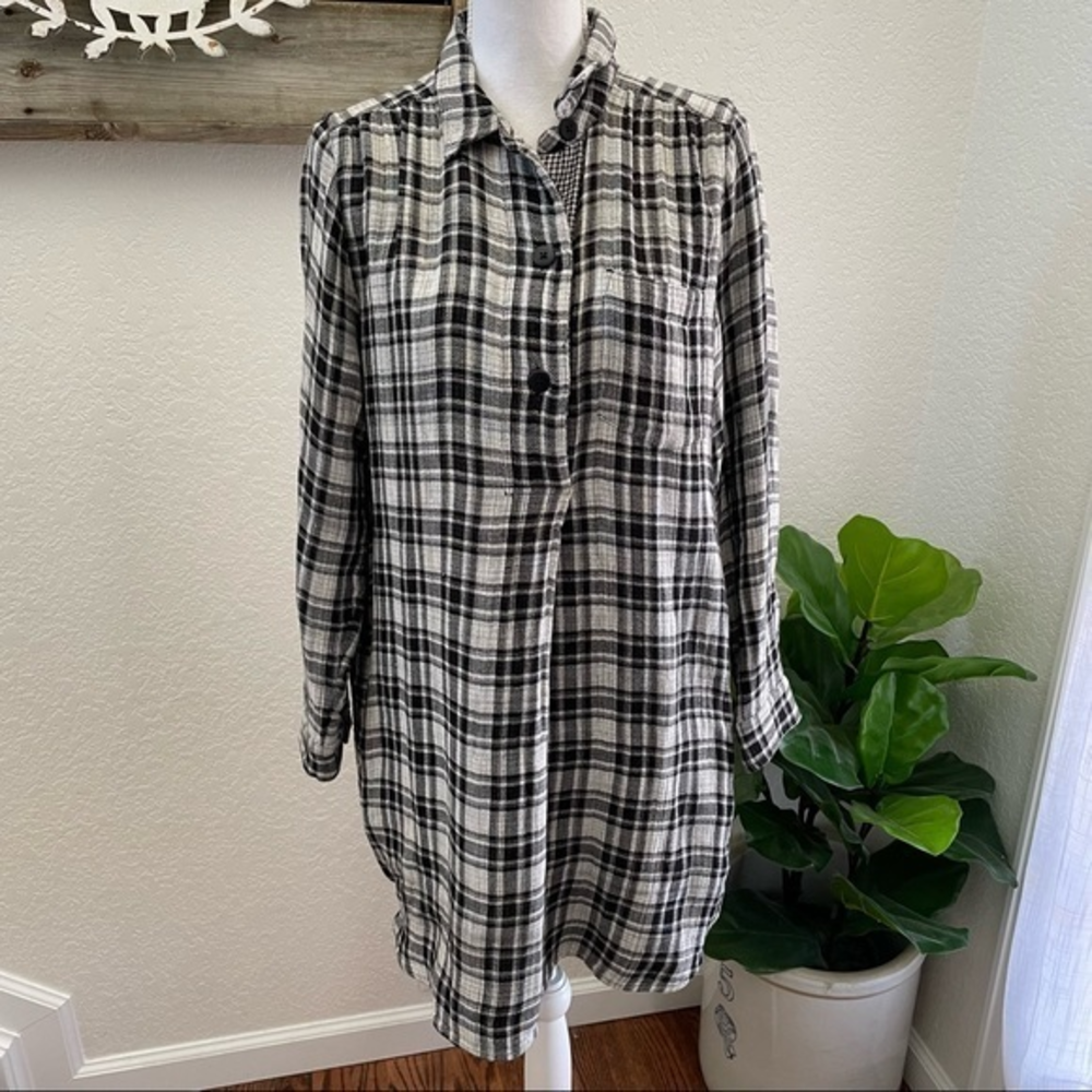 Madewell black plaid gauzy cotton shirt dress size Large